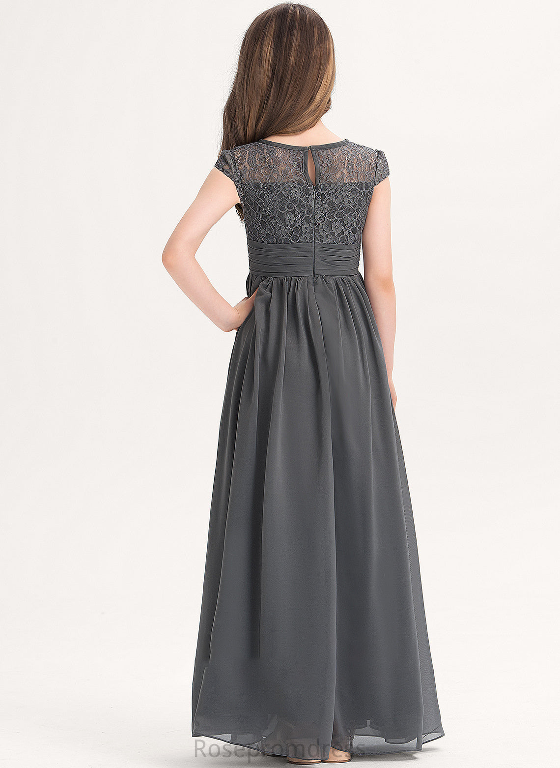 A-Line Ruffle Lace Neck Scoop Floor-Length Junior Bridesmaid Dresses Chiffon With Esperanza