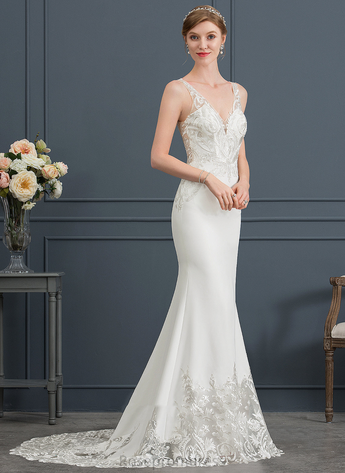 Wedding Wedding Dresses Court Dress Lace Stretch Crepe Trumpet/Mermaid V-neck Camila Train