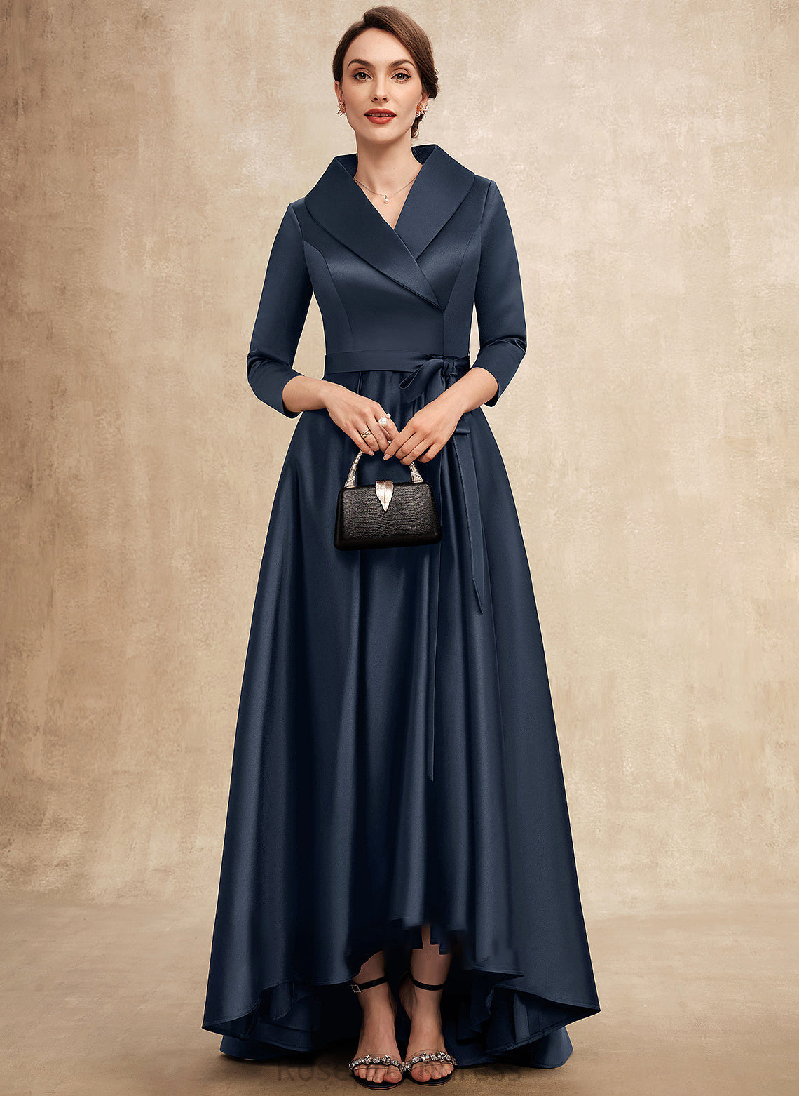 Bow(s) Pockets A-Line Pamela Asymmetrical With V-neck Satin of the Bride Mother Dress Mother of the Bride Dresses