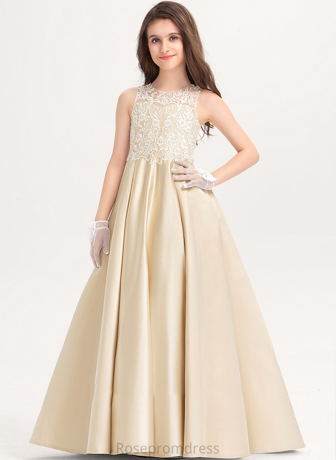 Satin Amiah Junior Bridesmaid Dresses Scoop Ball-Gown/Princess Lace Neck Floor-Length