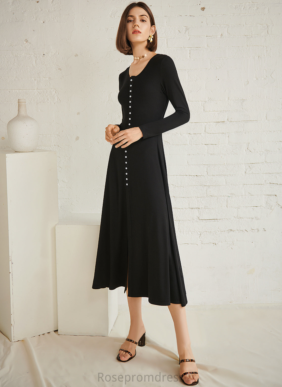 Long Neck Midi Dresses Round Cotton Brynlee Sleeves Club Dresses Blends Sexy A-line