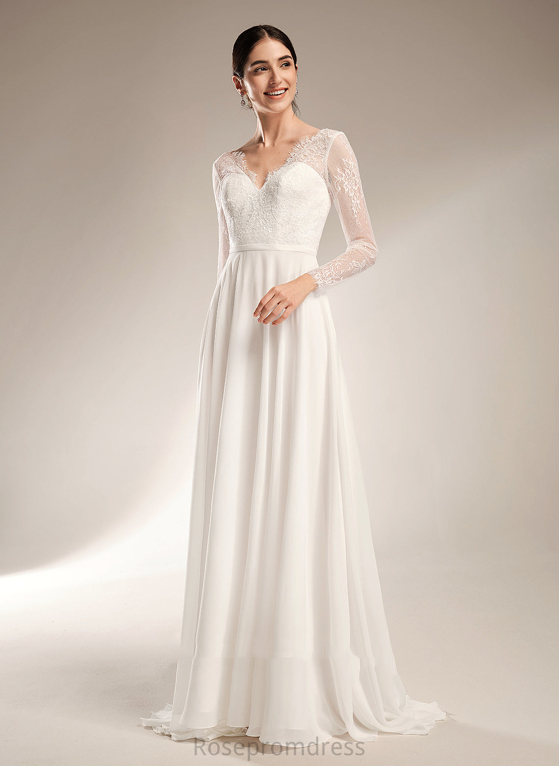 A-Line Wedding Caitlin V-neck Wedding Dresses Train Lace Chiffon Sweep Dress