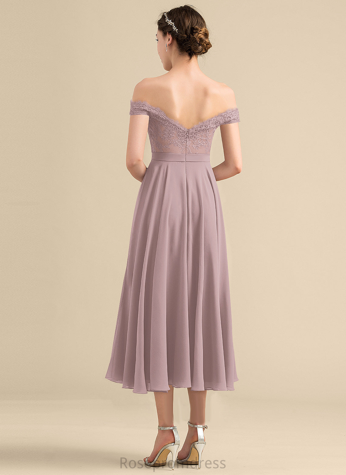 Off-the-Shoulder Embellishment Beading Length Silhouette A-Line Fabric Tea-Length Neckline Nataly Natural Waist Scoop Bridesmaid Dresses