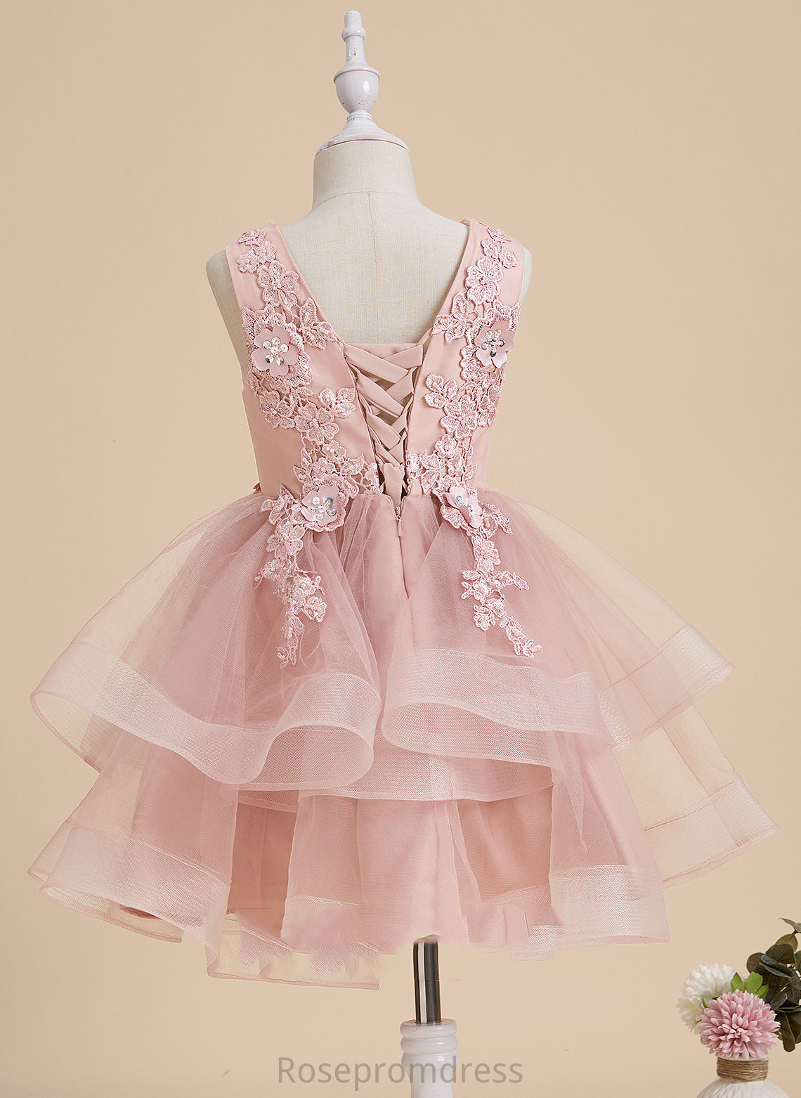 Flower Girl Kinsley Knee-length Sleeveless Tulle/Lace A-Line Beading/Flower(s)/Sequins With Flower Girl Dresses - V-neck Dress