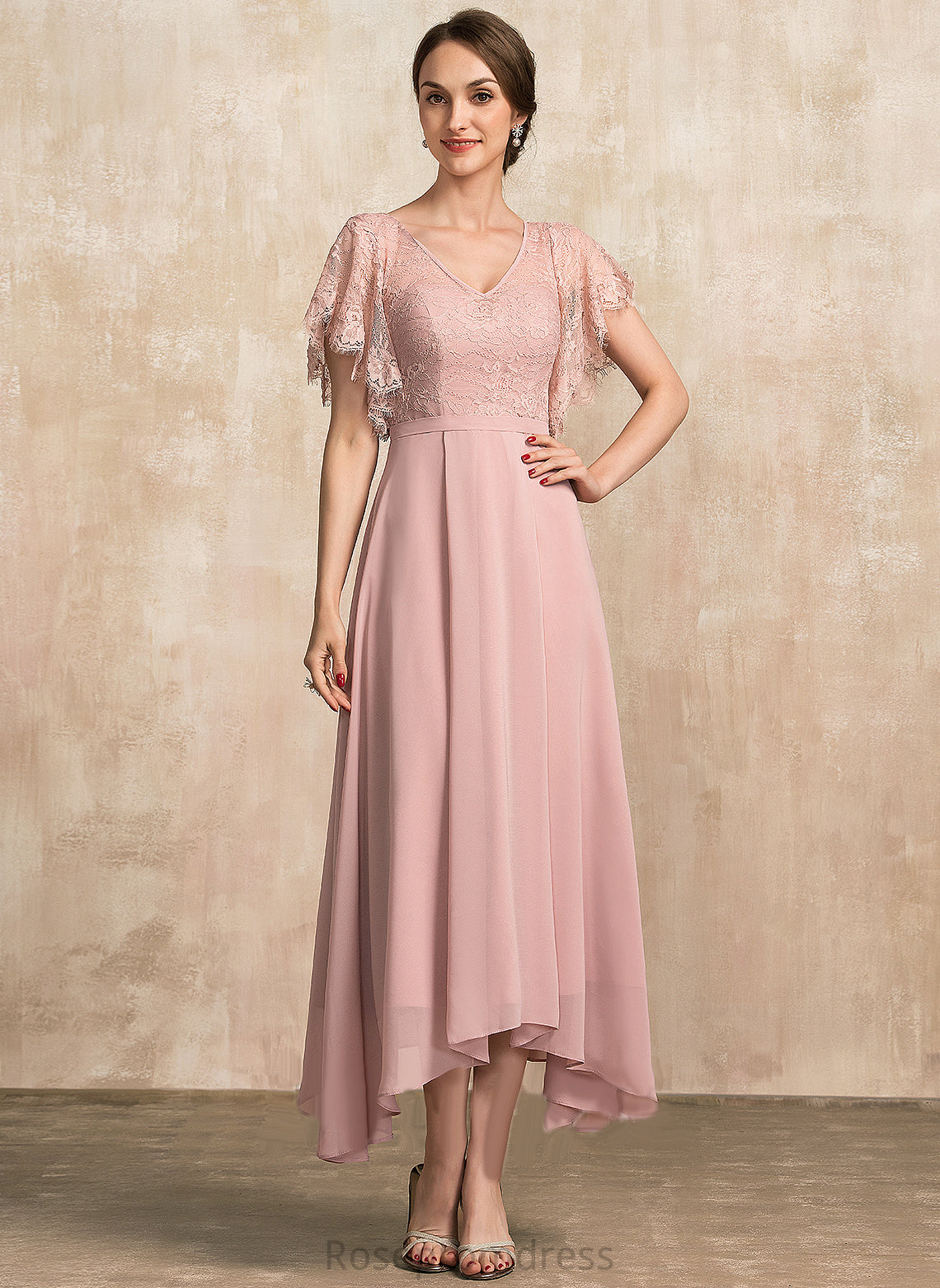 the Ankle-Length Chiffon Dress Pauline Mother A-Line Mother of the Bride Dresses of V-neck Bride Lace