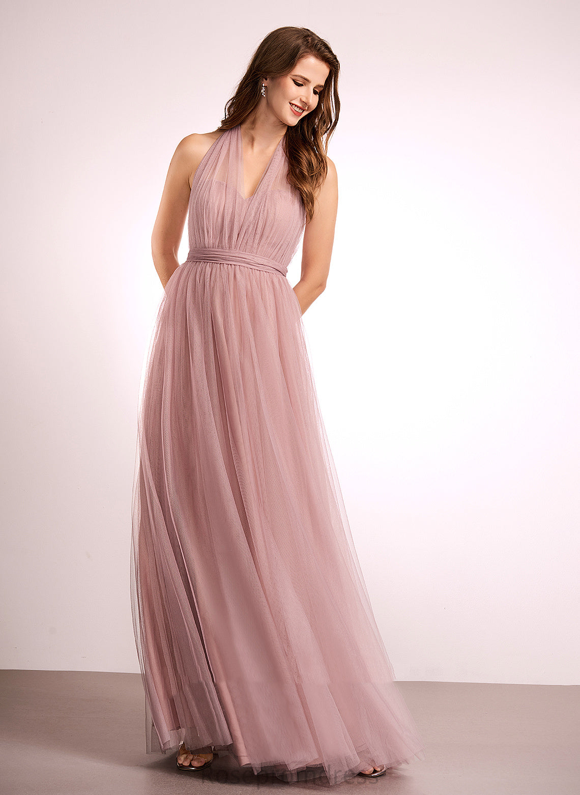 Off-the-Shoulder One-Shoulder A-Line Length Floor-Length Silhouette V-neck Fabric Neckline Straps Tulle Abby Bridesmaid Dresses