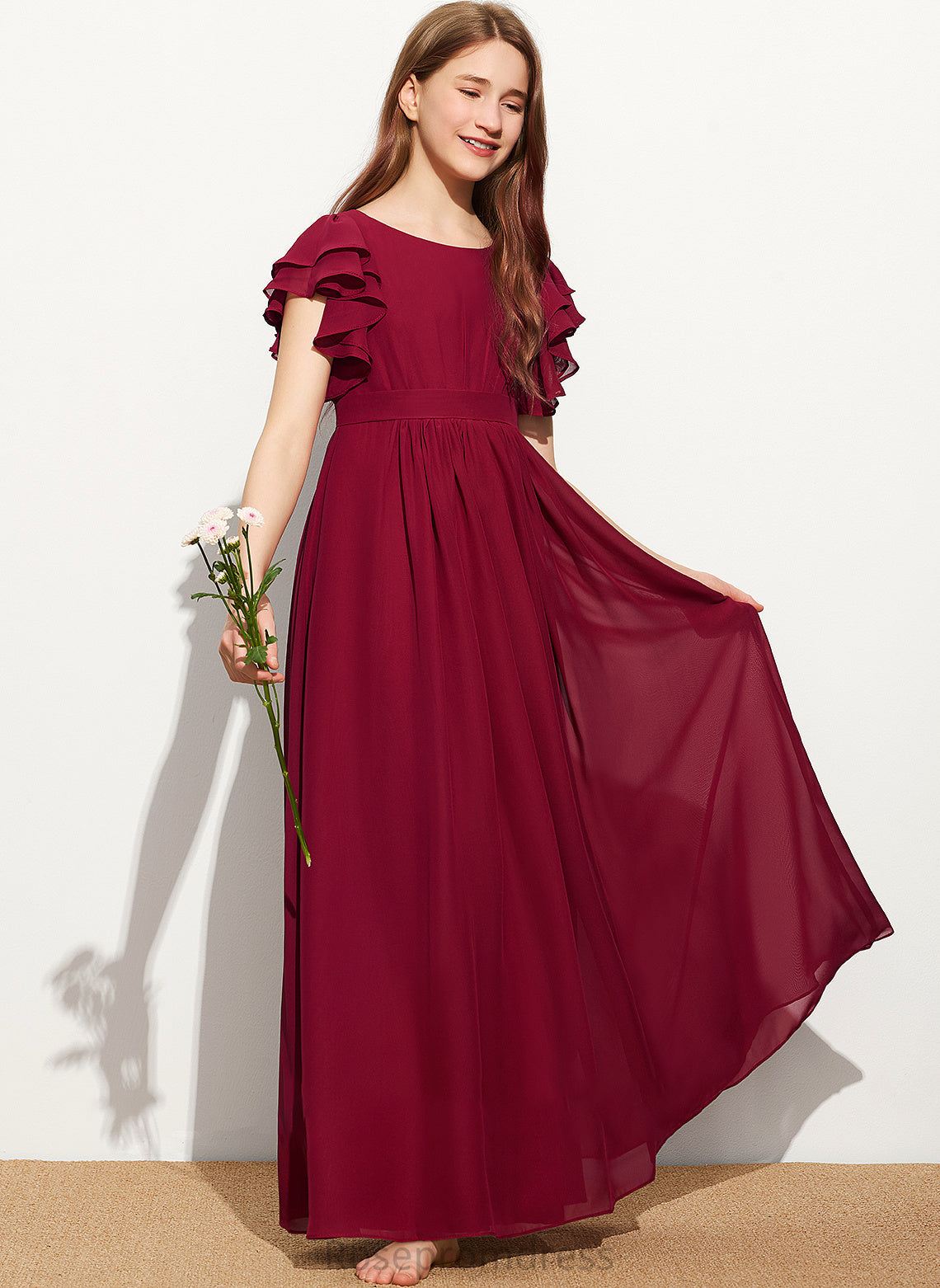 With A-Line Neck Chiffon Phoebe Scoop Junior Bridesmaid Dresses Ruffles Floor-Length Cascading