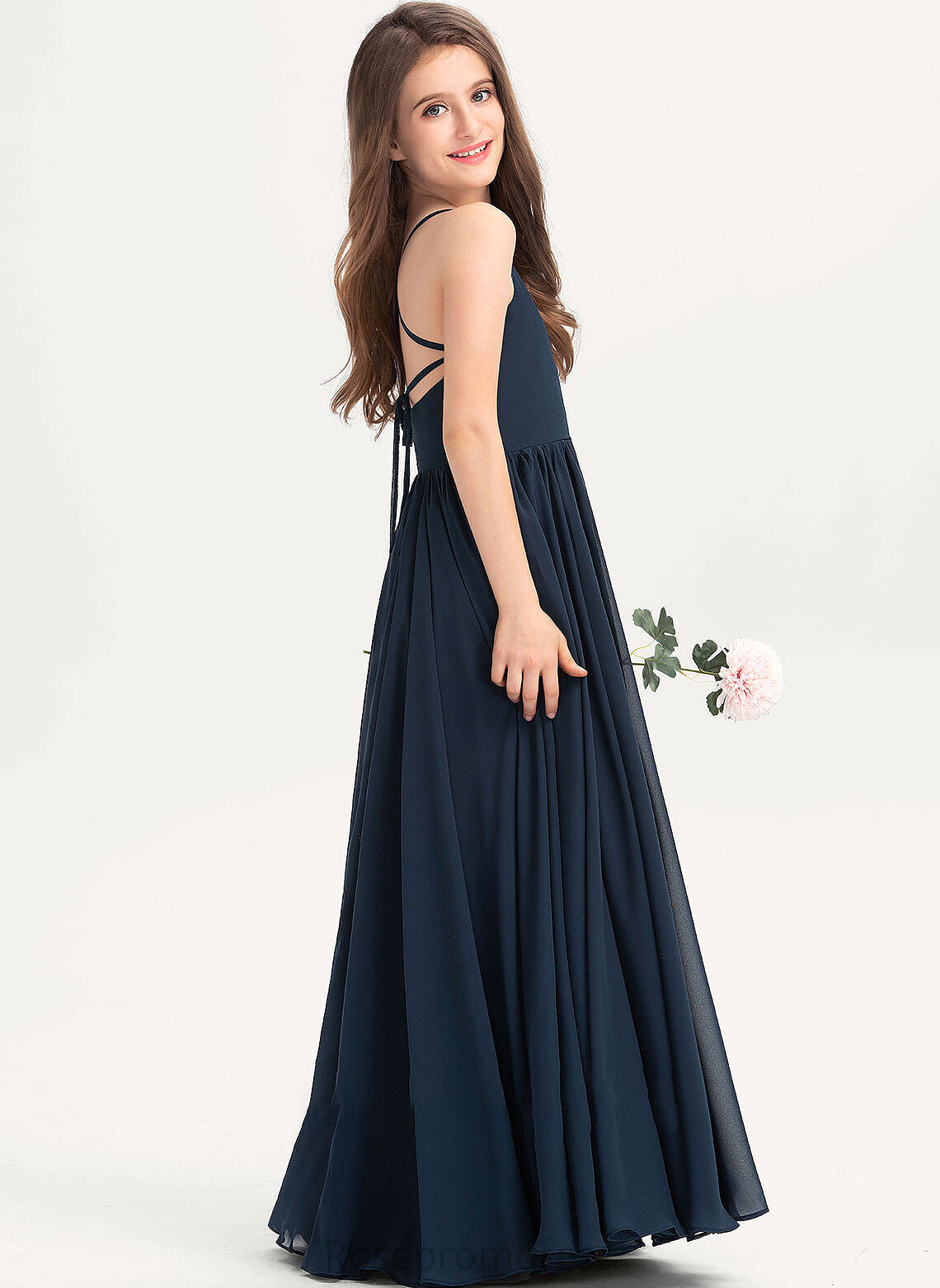 Floor-Length With Bow(s) Square Renee Junior Bridesmaid Dresses Chiffon A-Line Neckline