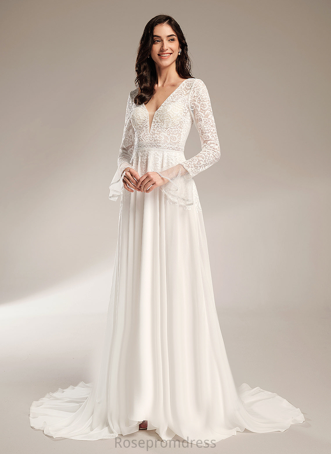 Chiffon Wedding Dresses Wedding Ruffle Court V-neck With Dress Ayla Lace Train A-Line