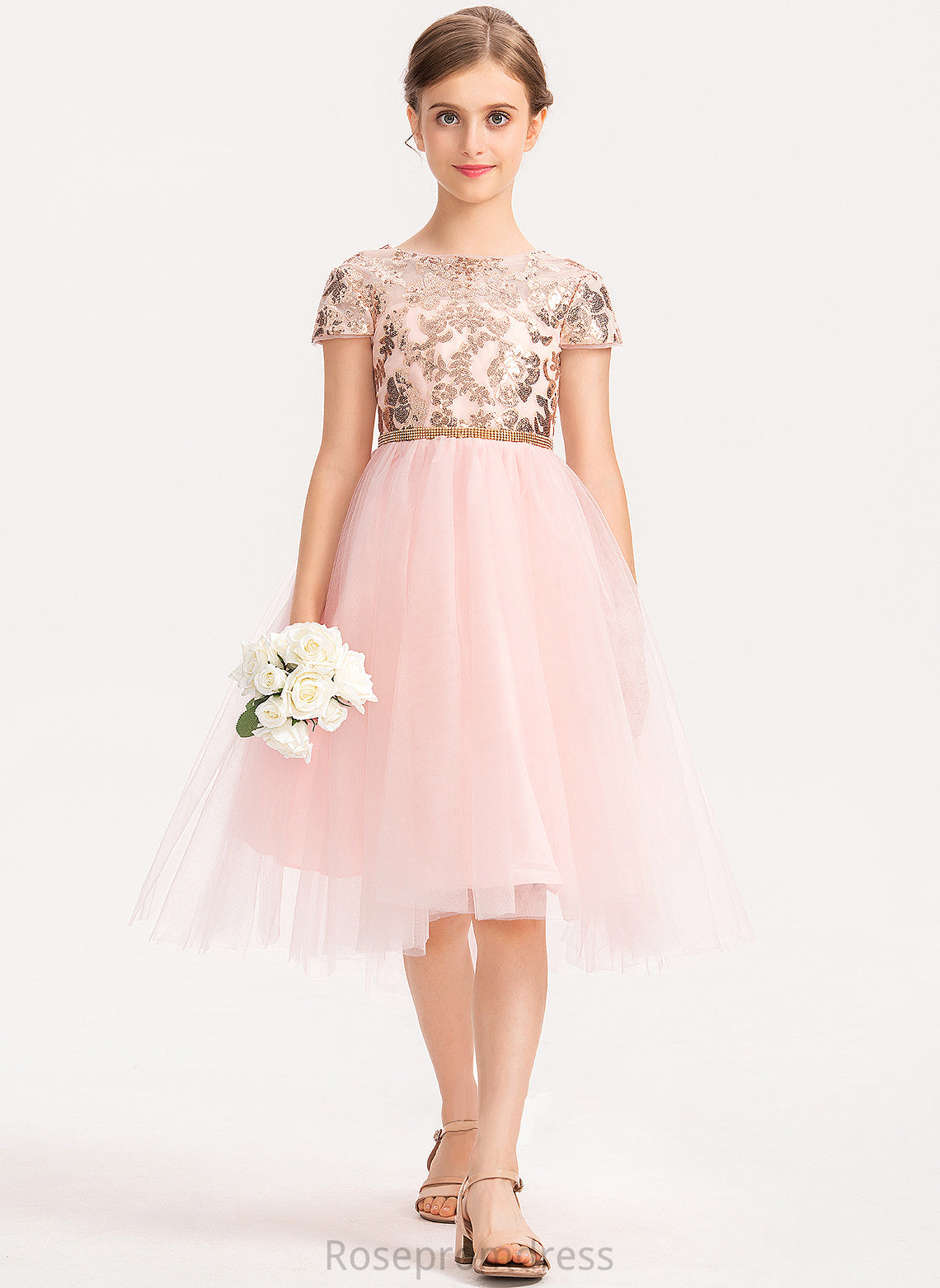 Junior Bridesmaid Dresses Tulle With A-Line Sequins Asymmetrical Elyse Neck Scoop