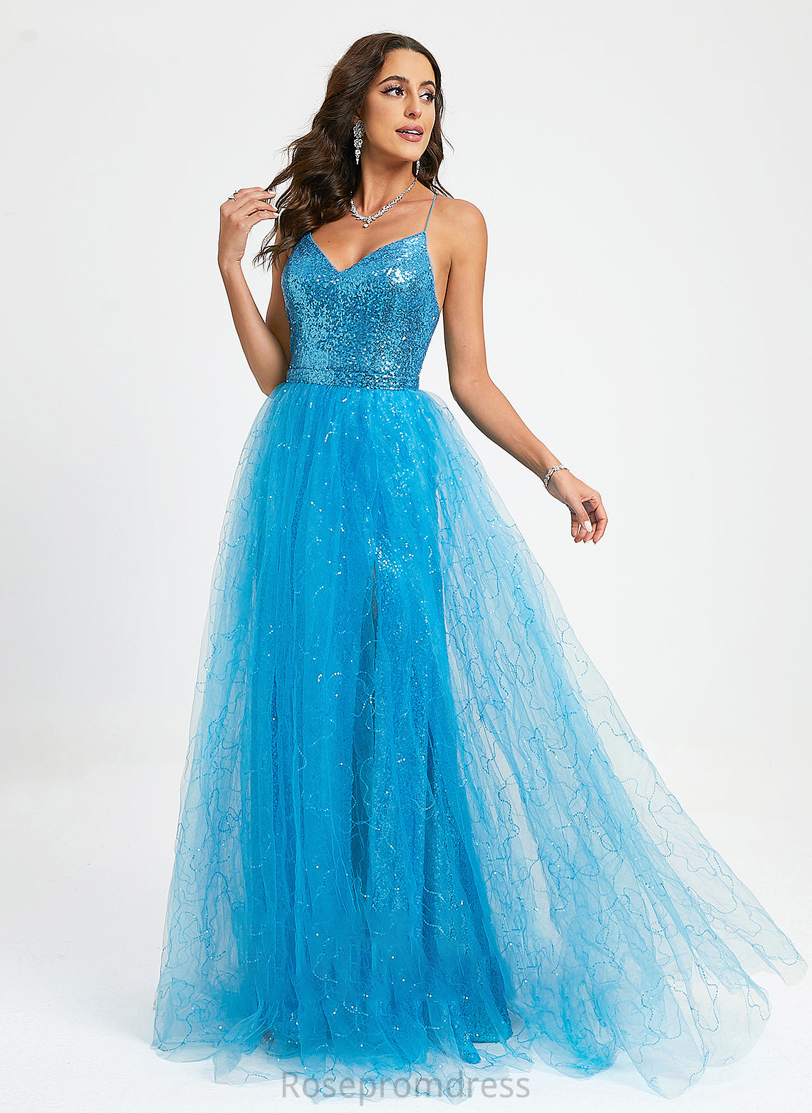 Sequins Floor-Length Tulle V-neck Audrey Ball-Gown/Princess With Prom Dresses