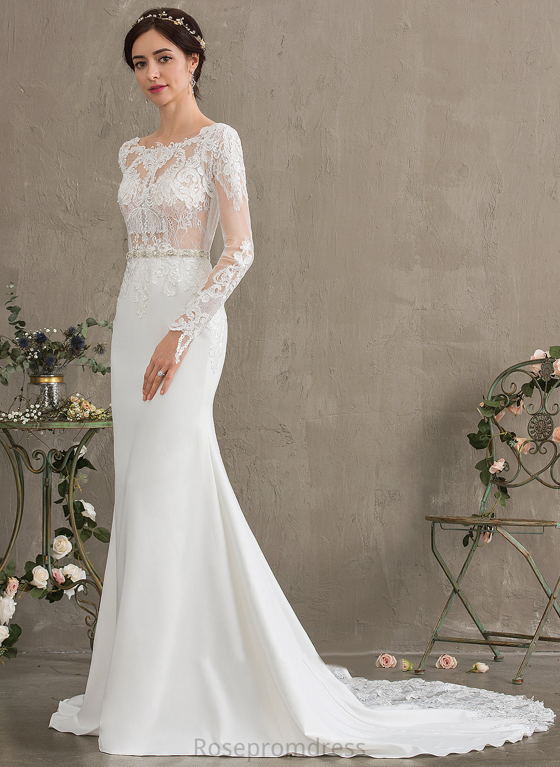 Sequins Beading Dress With Chapel Stretch Train Neck Crepe Scoop Wedding Dresses Trumpet/Mermaid Lace Wedding Shiloh