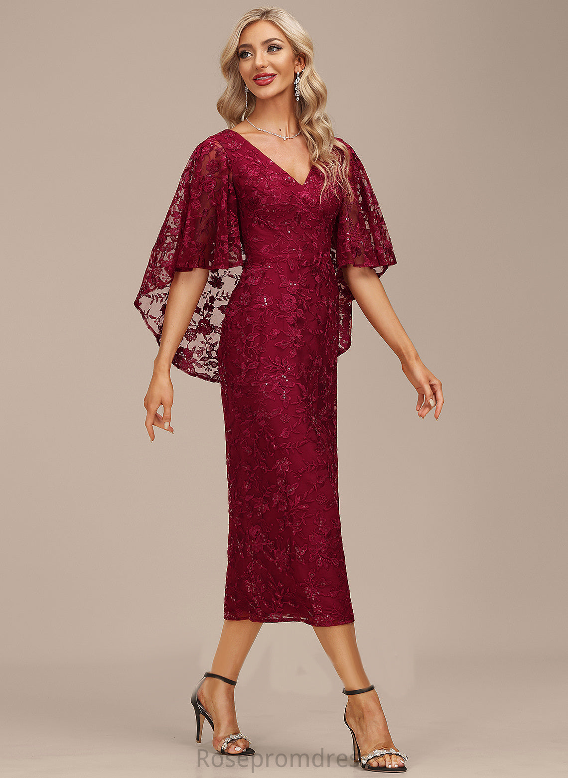 Cocktail Dresses With Lace Dress Cocktail Sheath/Column Sequins Kaelyn V-neck Tea-Length