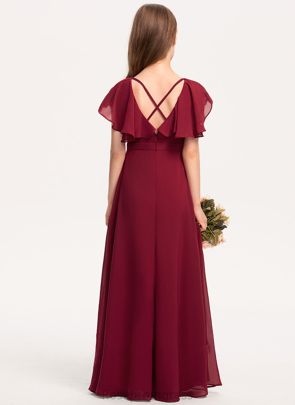 V-neck Chiffon Gabriela Cascading With Floor-Length Junior Bridesmaid Dresses A-Line Ruffles