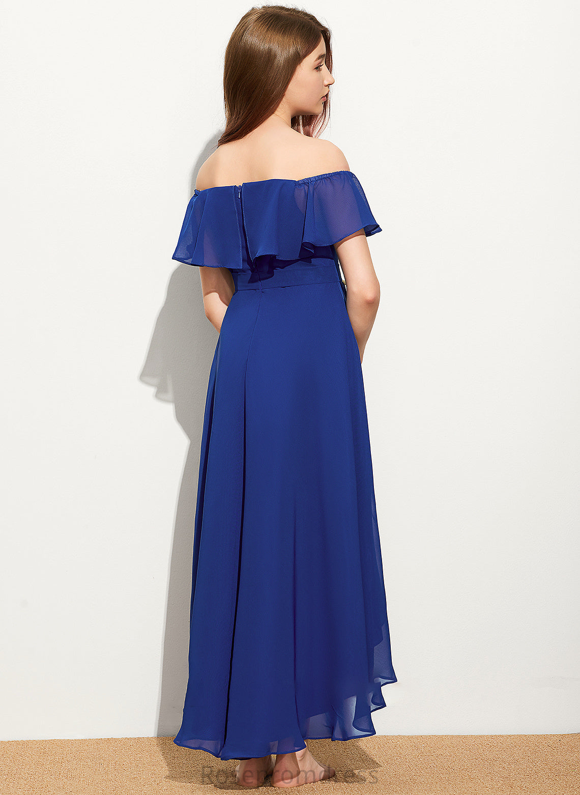 Chiffon Ruffles With A-Line Off-the-Shoulder Cascading Asymmetrical Morgan Junior Bridesmaid Dresses