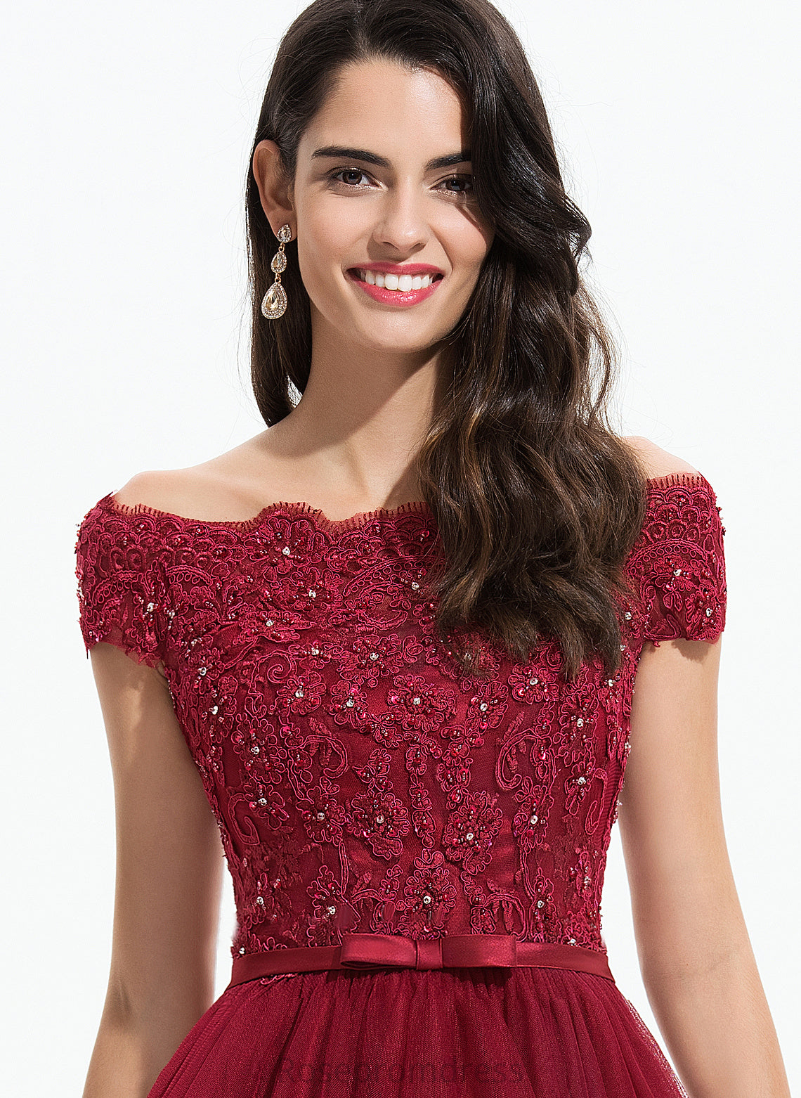 A-Line Lace With Bow(s) Dress Homecoming Dresses Off-the-Shoulder Jo Homecoming Beading Tulle Asymmetrical