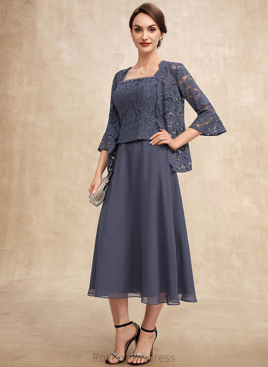 of Neckline Bride Mother Lace Chiffon Mother of the Bride Dresses A-Line With the Tea-Length Kaitlyn Square Dress Beading