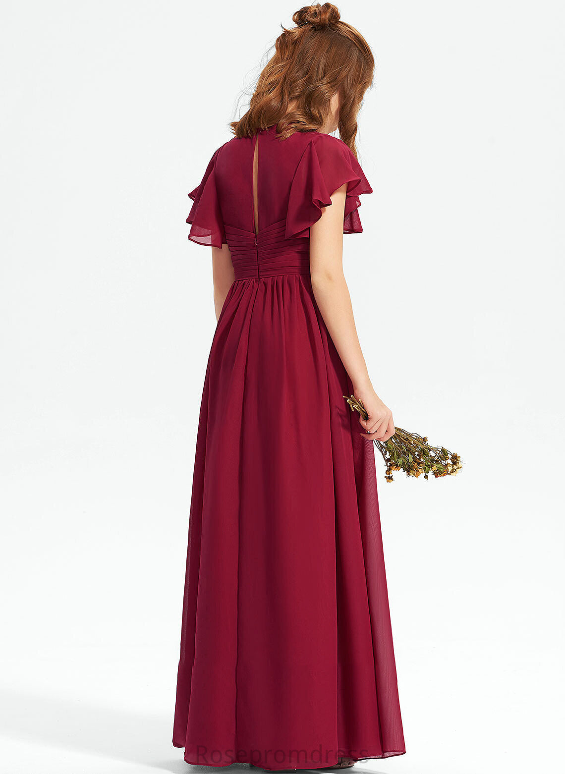 V-neck A-Line Ruffle Jayden Chiffon With Floor-Length Junior Bridesmaid Dresses