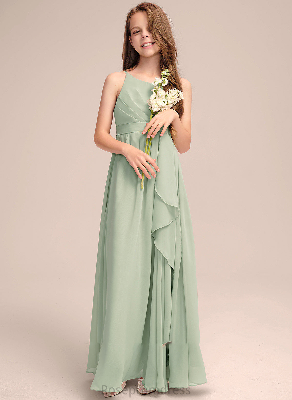 A-Line Floor-Length With Neck Chiffon Junior Bridesmaid Dresses Jacquelyn Ruffles Scoop Cascading