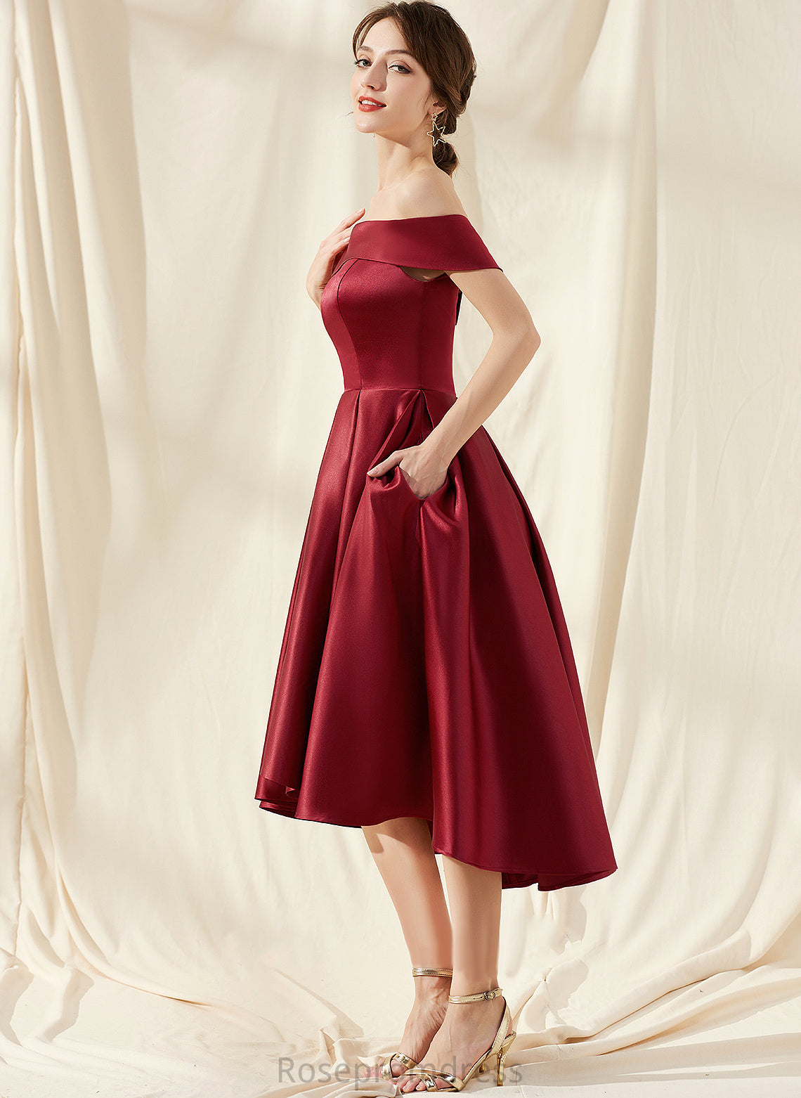 Cocktail Dresses Melanie Satin Pockets Cocktail Asymmetrical With A-Line Dress Off-the-Shoulder