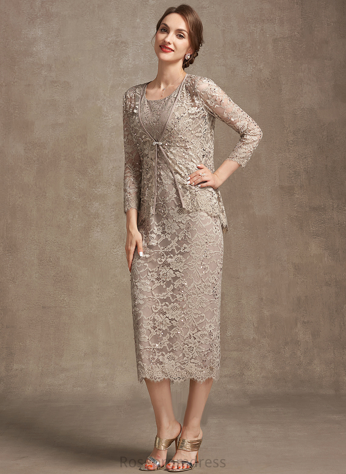 Scoop Sequins Dress of Lace the Mother With Mother of the Bride Dresses Sheath/Column Tea-Length Neck Marin Bride