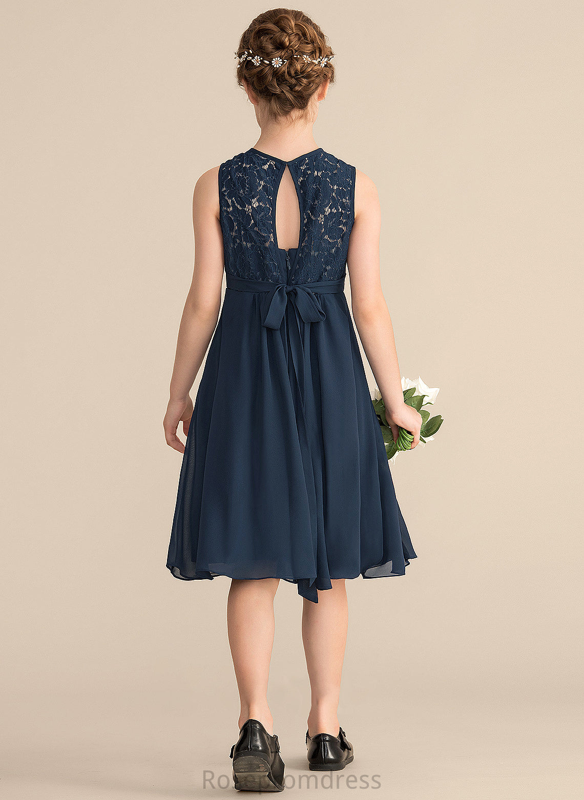 Knee-Length With Chiffon Bow(s) Neck Trudie A-Line Lace Scoop Beading Junior Bridesmaid Dresses Sequins