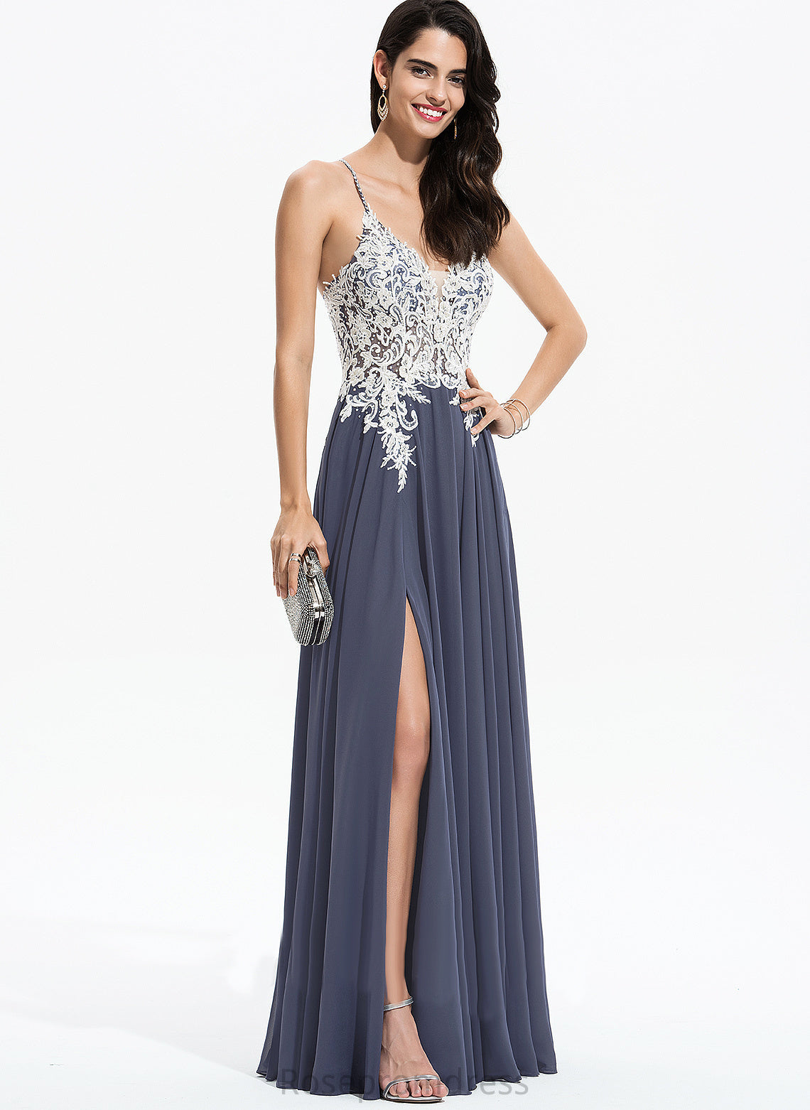 Chiffon With Sequins V-neck A-Line Beading Floor-Length Lesley Prom Dresses