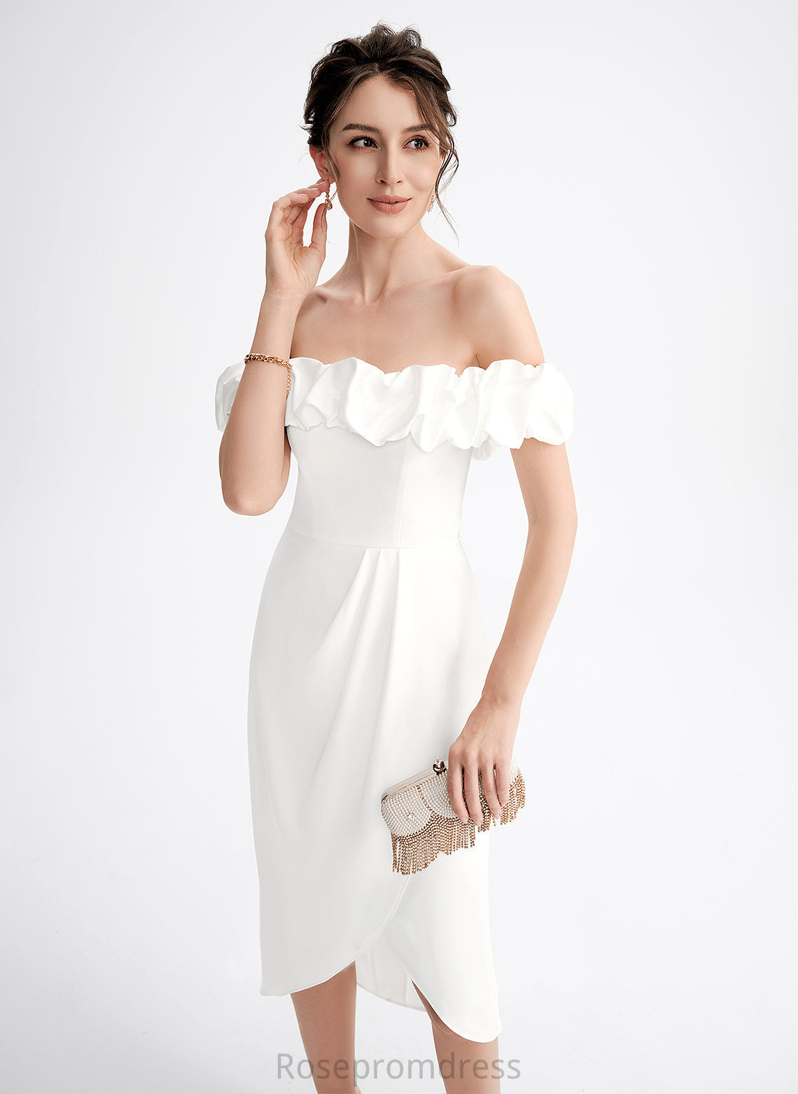 Stretch Off-the-Shoulder Crepe With Ruffle Asymmetrical Cocktail Dress Cocktail Dresses Frederica