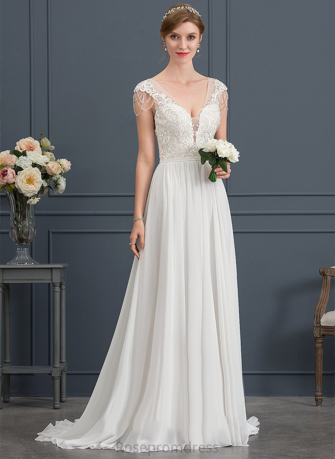 Dress Beading With Pauline Wedding Sequins Sweep Lace Chiffon V-neck Train A-Line Wedding Dresses