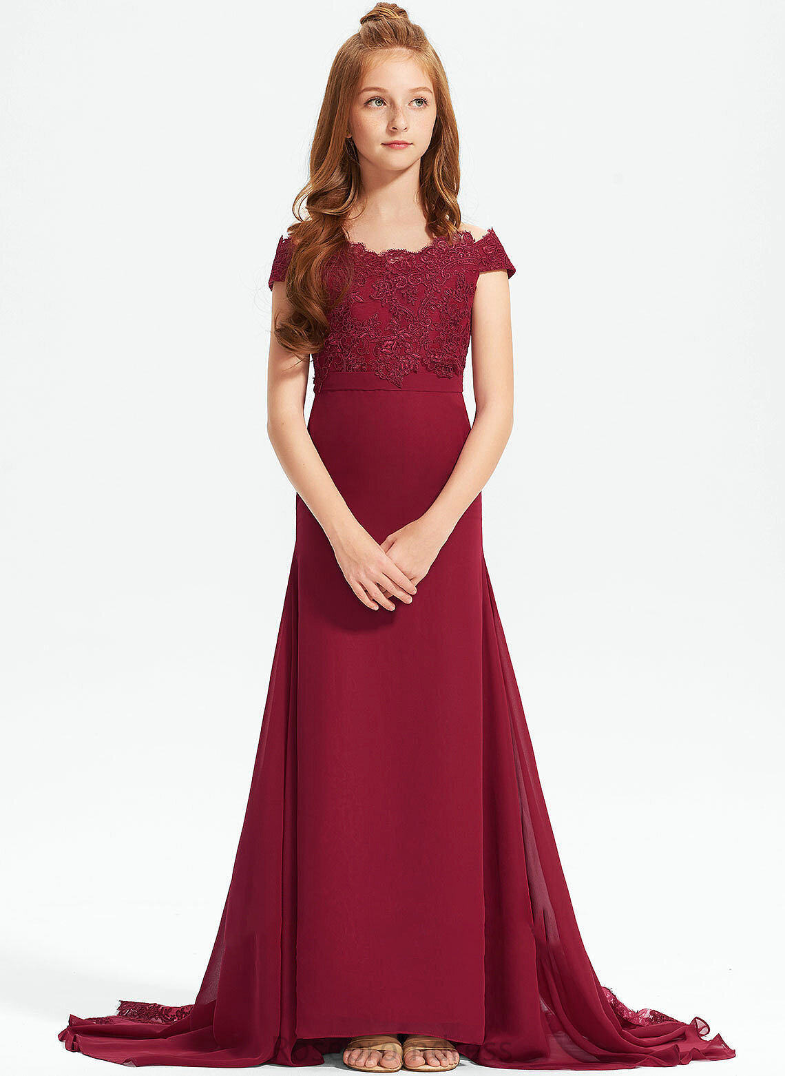 Court Train Off-the-Shoulder Junior Bridesmaid Dresses Trumpet/Mermaid Lace Eva Chiffon