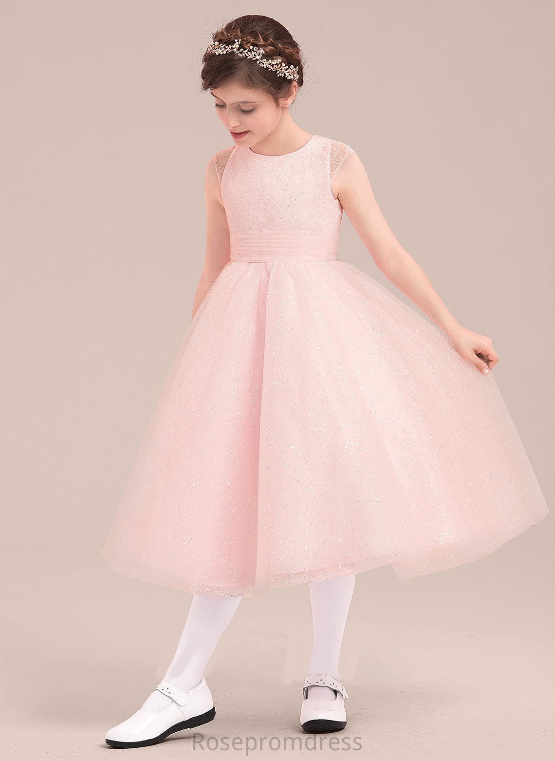 Bow(s) Sleeveless Caroline With Dress Tulle Girl Scoop A-Line/Princess - Tea-length Flower Neck Flower Girl Dresses