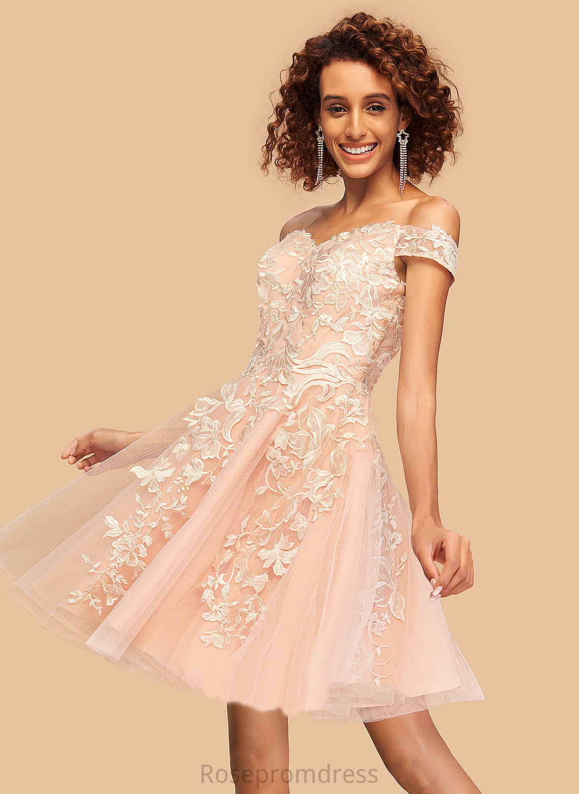 Angie Off-the-Shoulder Tulle Short/Mini Homecoming A-Line Lace Dress Homecoming Dresses With