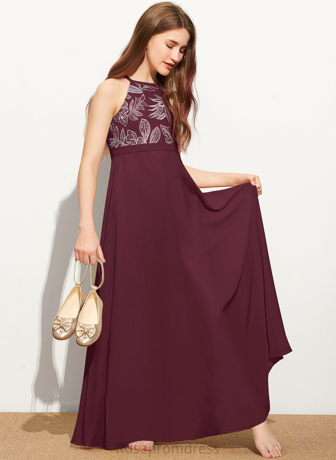 Floor-Length Neck Scoop Chiffon With A-Line Bow(s) Junior Bridesmaid Dresses Lace Laney