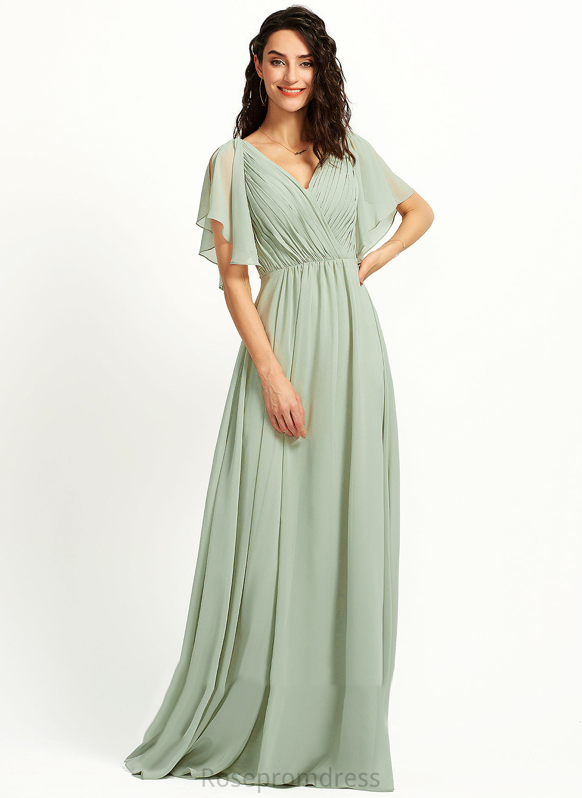 A-Line Ruffle Embellishment Silhouette Fabric Neckline Floor-Length V-neck Length Jade Bridesmaid Dresses