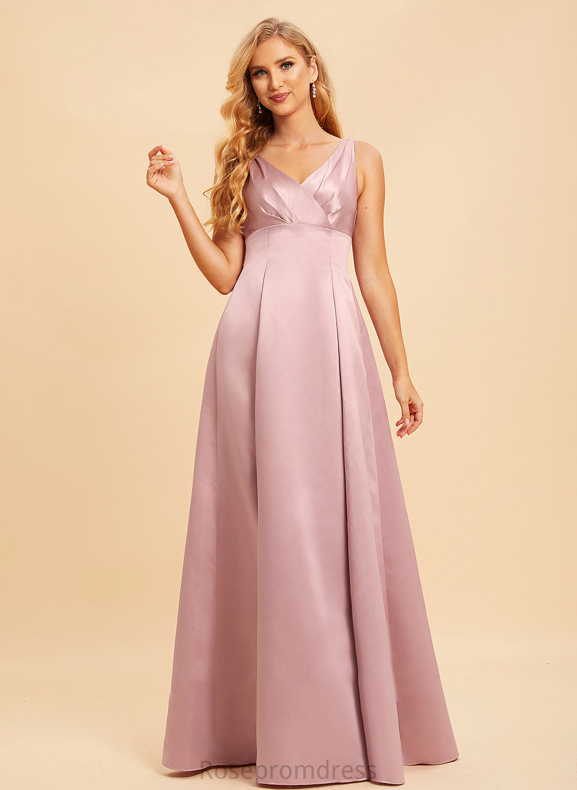 Floor-Length Silhouette A-Line V-neck Fabric Length Neckline Straps Satin Marin A-Line/Princess Natural Waist Bridesmaid Dresses