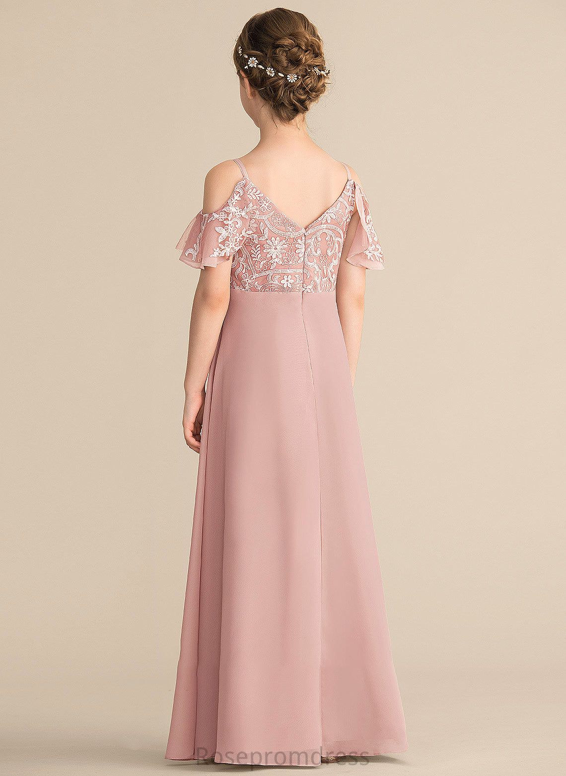 Floor-Length Lace Junior Bridesmaid Dresses Rebekah A-Line Chiffon V-neck