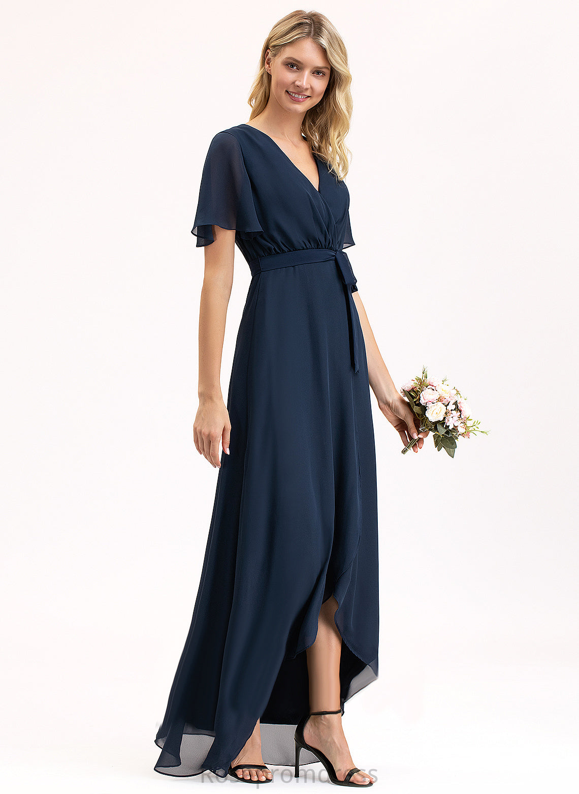 Silhouette Neckline Embellishment A-Line Pleated Fabric Bow(s) Length V-neck Asymmetrical Daphne Floor Length Bridesmaid Dresses