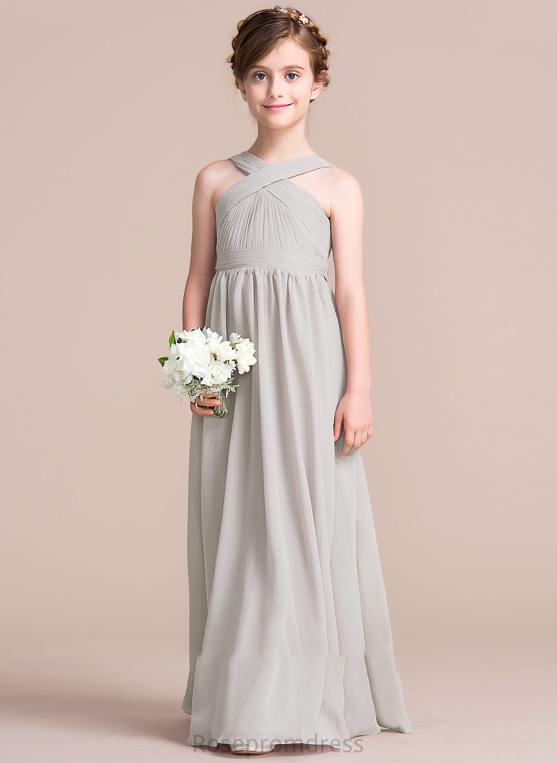 Bow(s) Ruffle Floor-Length Kelsey V-neck With A-Line Chiffon Junior Bridesmaid Dresses