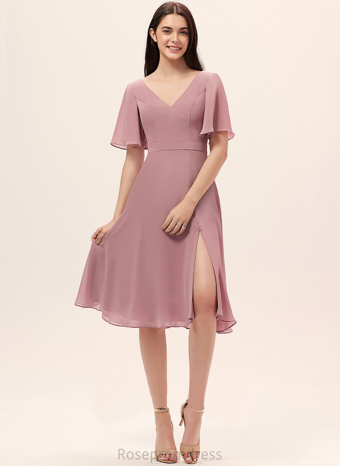 Silhouette Fabric A-Line Straps&Sleeves Knee-Length Length Neckline V-neck Leanna Bridesmaid Dresses