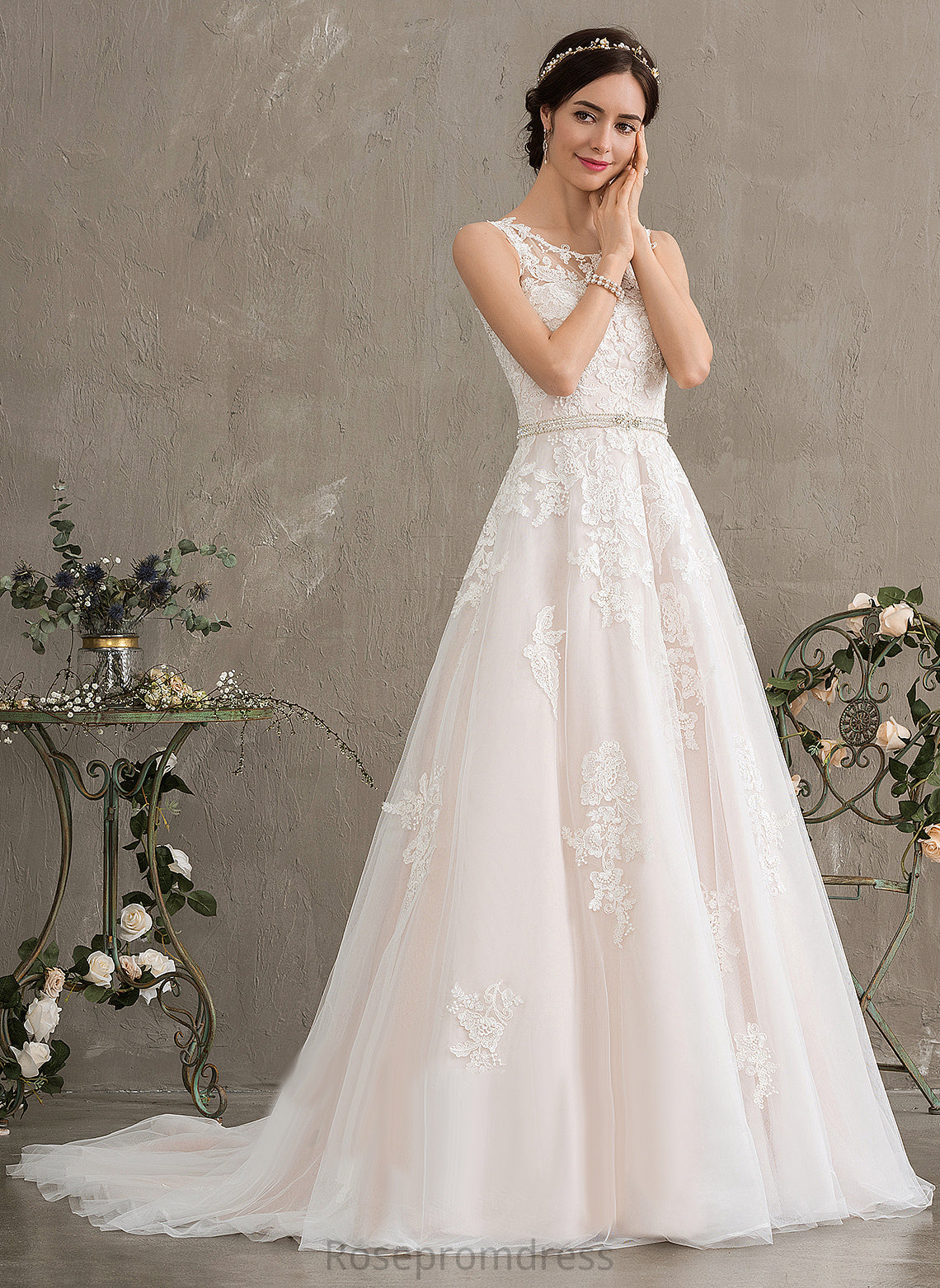 With Wedding Sequins Scoop Wedding Dresses Neck Lace Ball-Gown/Princess Tulle Aliya Train Court Dress Beading