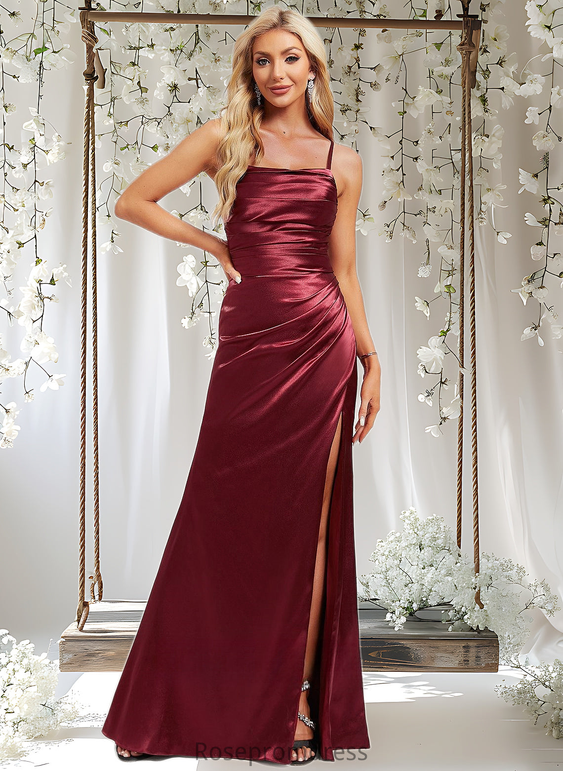 Jamya Trumpet/Mermaid Square Floor-Length Stretch Satin Prom Dresses With Ruffle DSP0025875