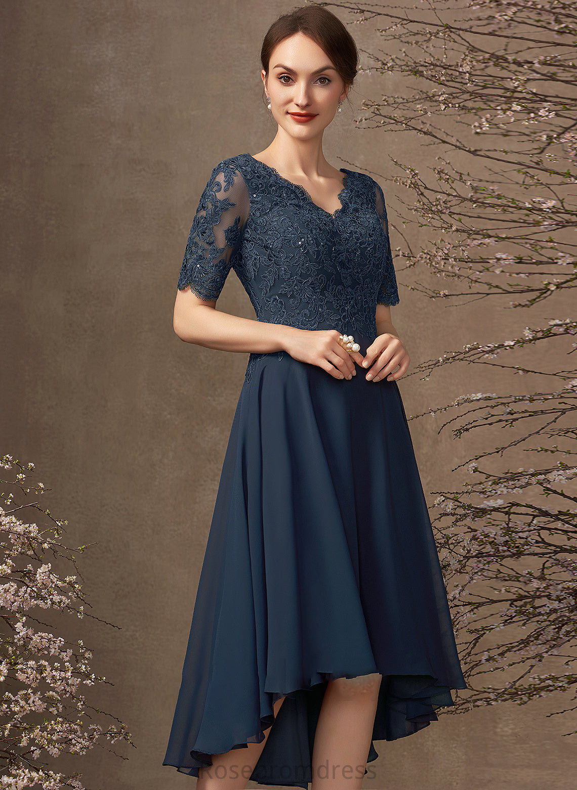 the Sequins Chiffon Bride Lace A-Line Mother With of Dress Asymmetrical V-neck Elle Mother of the Bride Dresses