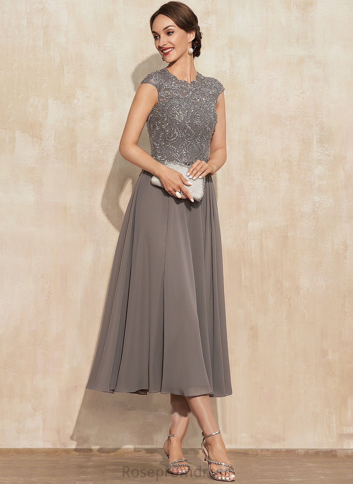 Scoop Chiffon Neck the Beading of A-Line With Lace Jakayla Bride Mother of the Bride Dresses Tea-Length Dress Mother