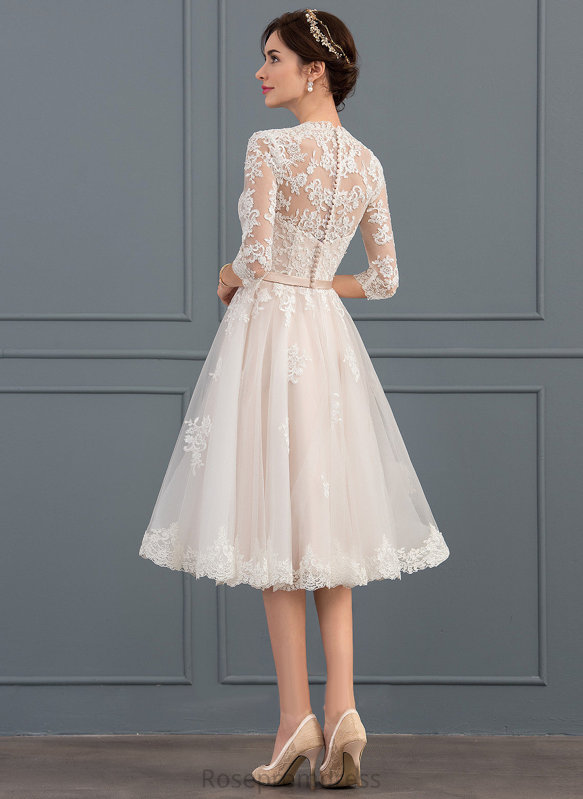 V-neck A-Line With Bow(s) Tulle Lace Dress Wedding Dresses Anabella Knee-Length Wedding