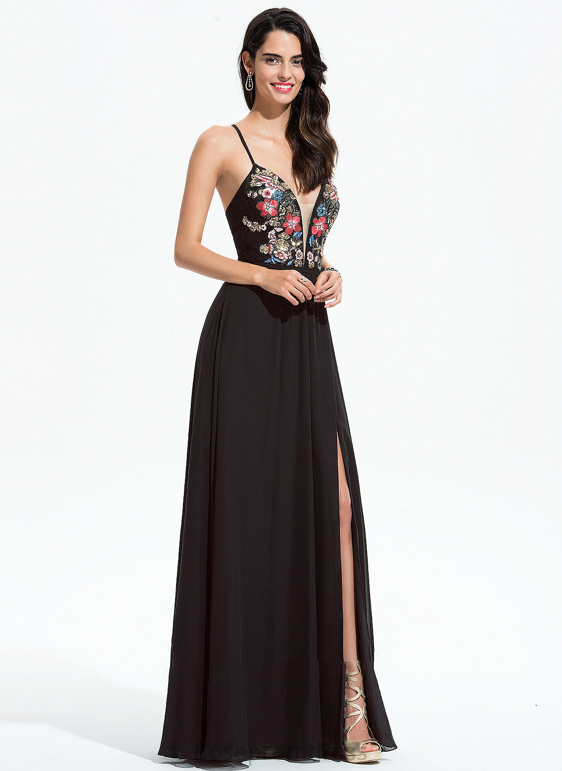 V-neck With A-Line Floor-Length Chiffon Sequins Miranda Prom Dresses Lace