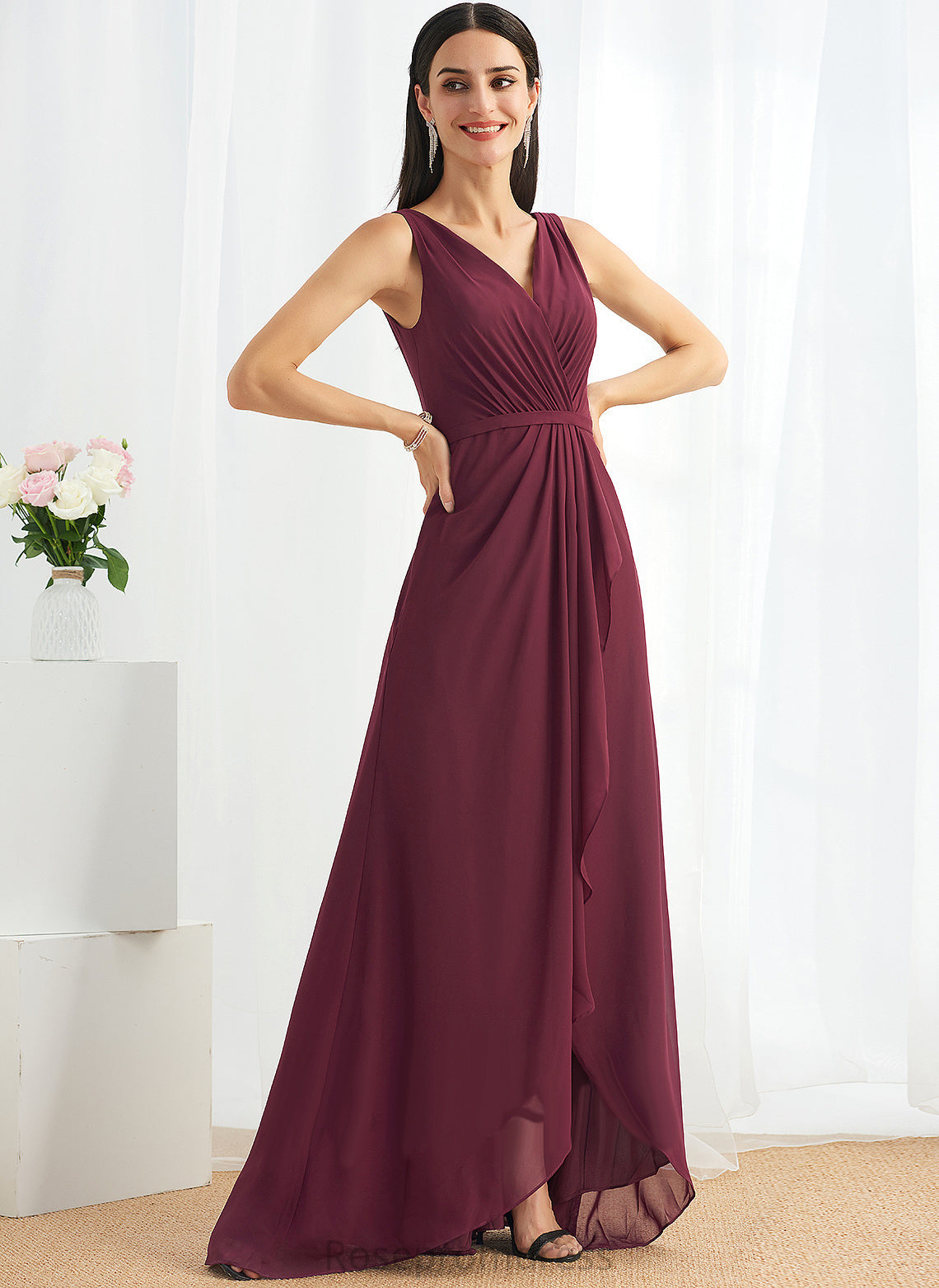 Neckline A-Line Length Asymmetrical Embellishment Silhouette SplitFront V-neck Fabric Gabrielle Bridesmaid Dresses