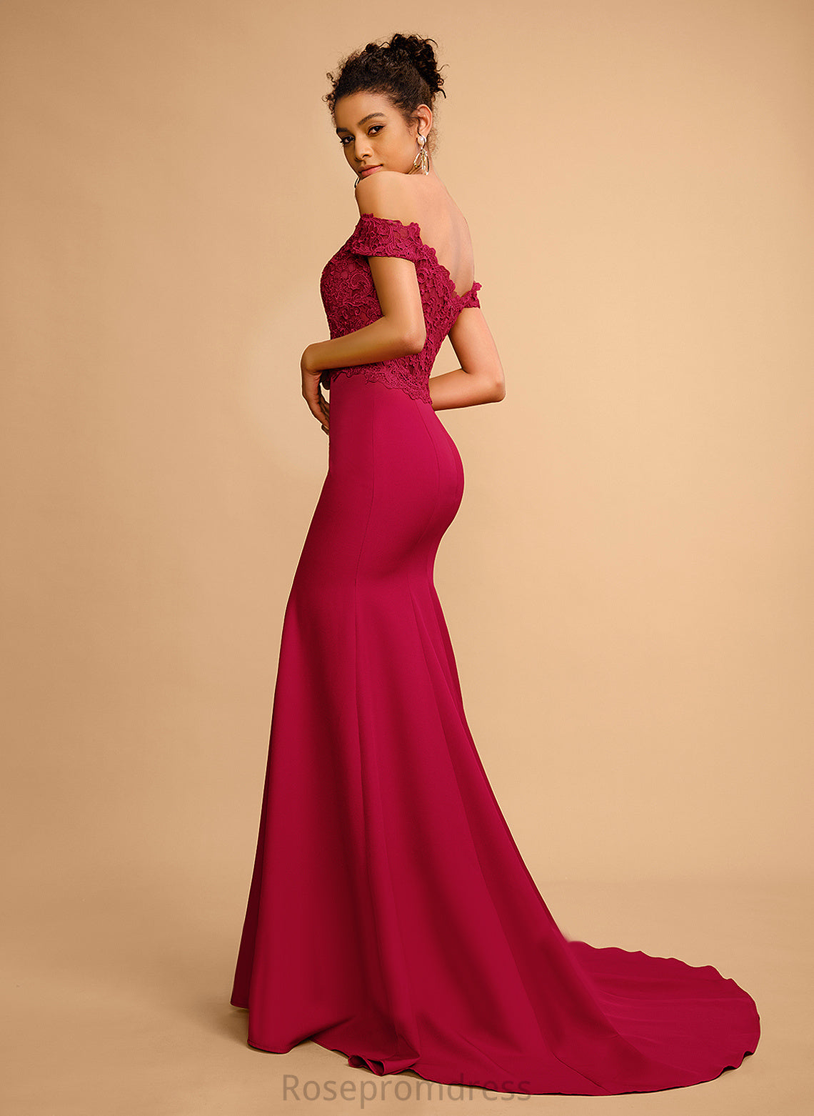 Off-the-Shoulder Crepe Trumpet/Mermaid Prom Dresses Lace Stretch With Sequins Val Floor-Length