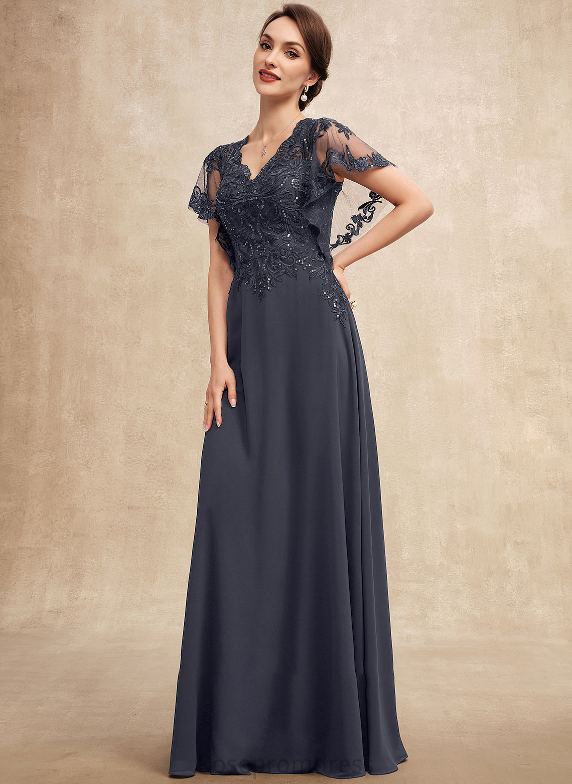 Dress Bride Sequins Lace of Chiffon the Floor-Length V-neck Mother of the Bride Dresses Mother A-Line With Madeline