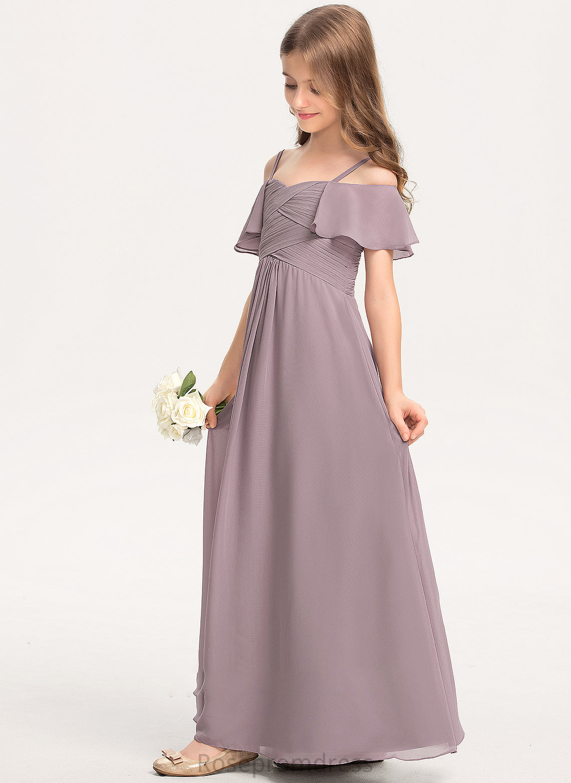 With A-Line Junior Bridesmaid Dresses Mckenzie Chiffon Floor-Length Off-the-Shoulder Ruffle