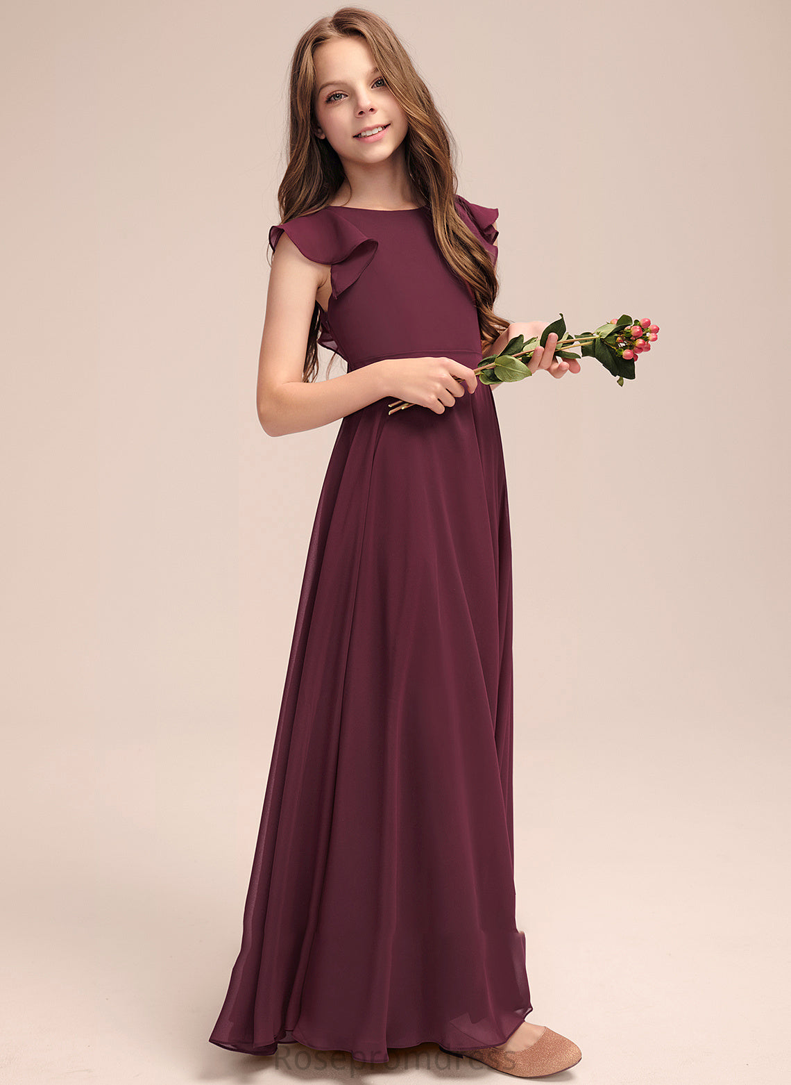 Chiffon Ruffles Floor-Length Cascading Junior Bridesmaid Dresses With A-Line Neck Elva Scoop